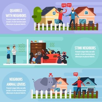 Conflicts With Neighbors Banners Set . Conflicts with neighbors horizontal banners set with stink neighbors symbols flat isolated vector illustration 