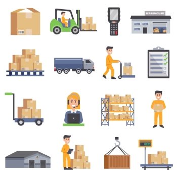 Warehouse Flat Icons Set. Warehouse isolated flat icons set  of delivery truck shelves with goods scales boxes container and storage workers vector illustration 