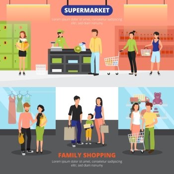 Shopping People Banners Set . Shopping people horizontal banners set with family shopping symbols flat isolated vector illustration 