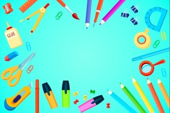 Top View Stationery Template. Top view stationery template with colorful office supplies on turquoise background vector illustration 