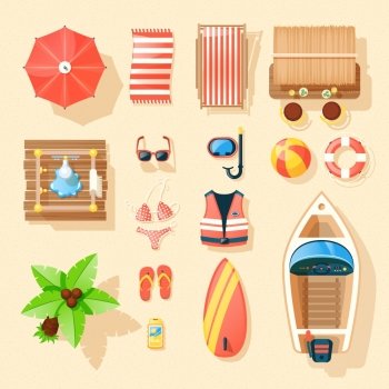 Beach Accessories Top View Icons Collection . Beach vacation accessories collection top view with palm motorboat surfboard swimming suits and parasol isolated vector illustration 