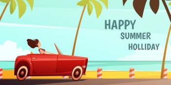 Retro Car Summer Holiday Vacation Poster . Summer holiday tropical island vacation vintage poster with girl driving retro red cabrio automobile cartoon vector illustration 