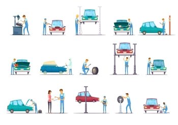 Car Repair Service Cartoon Icons Collection . Car repair garage service retro cartoon icons collection with vehicle lift and auto mechanic isolated vector illustration 