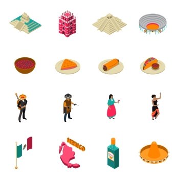 Mexico Touristic Attractions Isometric Icons Collection . Mexico touristic attractions isometric icons collection with famous chichen itza temple landmark and tacos isolated vector illustration 