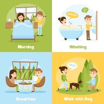 Daily People 2x2 Compositions. Cartoon style 2x2 compositions of people daily life presenting morning washing breakfast and walking with dog vector illustration