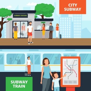 Subway People Horizontal Banners. Subway horizontal banners with people near station entrance waiting for train and looking at map flat isolated vector illustration