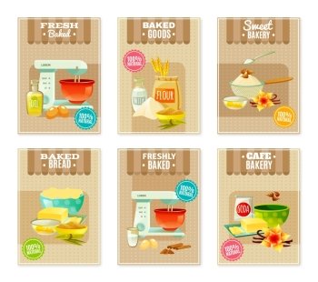 Baking Banners And Cards. Flat baking banners and cards for cafe or bakery with products and tools for cooking isolated vector illustration