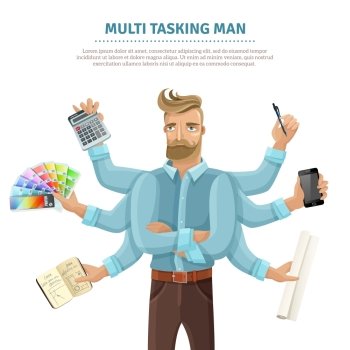 Multitasking Man Flat Poster. Multitasking flat informative poster with text and eight-armed young man reading mailing writing simultaneously vector illustration 