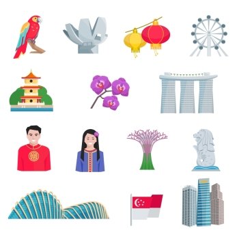 Singapour Culture Flat Icons Set. Singapore tourists attractions with national cultural symbols and landmarks flat icons set abstract vector isolated illustration