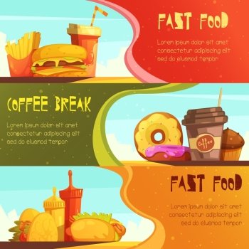 Fast Food 2 Retro Banners Set. Fast food restaurant advertisement horizontal banners set with coffee break meal offer isolated retro cartoon vector illustration  