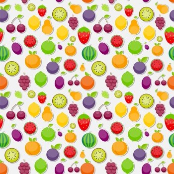 Seamless Pattern Background from Apple, Orange, Plum, Cherry, Lemon, Lime, Watermelon, Strawberries, Kiwi, Peaches, Grapes and Pear Vector Illustration. EPS10