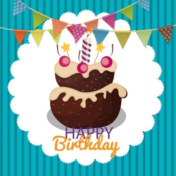 Color Glossy Happy Birthday Balloons, Flags and Cake Banner Background Vector Illustration EPS10