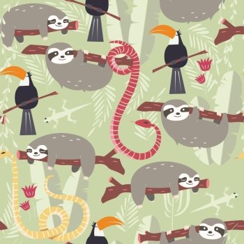 Seamless pattern with cute rain forest animals, toucan, snake, sloth, vector illustration