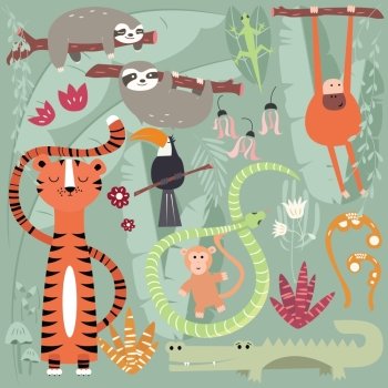 Collection of cute rain forest animals, tiger, snake, sloth, monkey, vector illustration