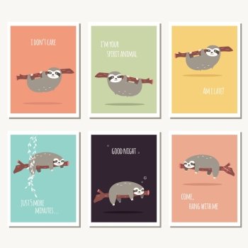 Collection of six greeting cards with cute sloth and text message, vector illustration