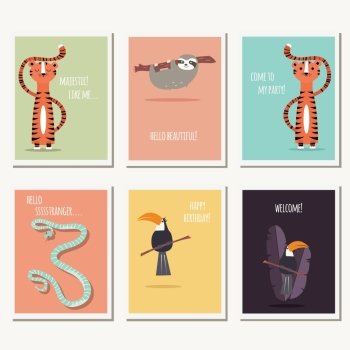 Six greeting cards with cute wild animals and text message, vector illustration