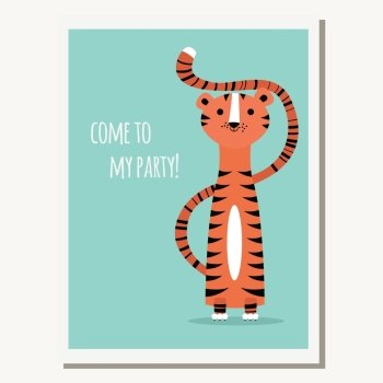 Greeting card with cute tiger and text message, vector illustration