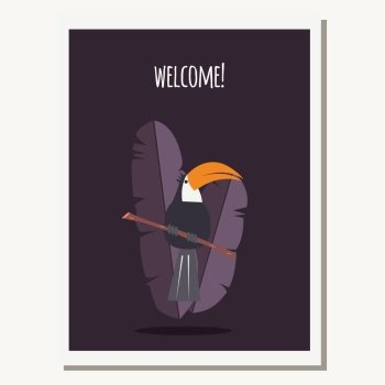 Greeting card with cute toucan parrot and text message, vector illustration