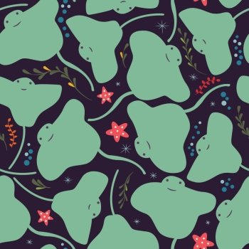 Seamless pattern with underwater ocean animals, cute stingray and starfish, colorful vector illustration