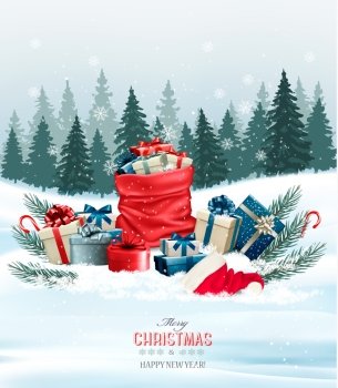 Holiday Christmas background with a sack full of gift boxes. Vector