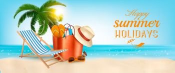 Tropical island with palms, a beach chair and a ocean. Vacation vector banner.