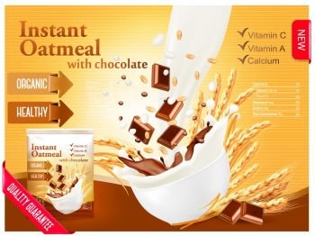 Instant porridge advert concept. Milk flowing into a bowl with grain and chocolate. Vector.