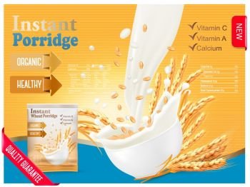 Instant porridge advert concept. Milk flowing into a bowl with grain. Vector.