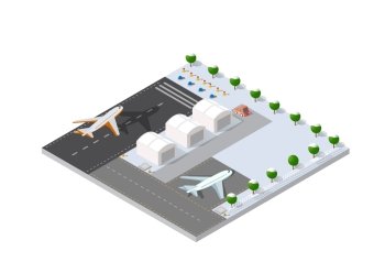 Isometric 3D airstrip of the city international airport terminal and the plane transportation and airplane runway, aircraft jet. Urban transport and building construction. Roads, trees and paths.