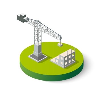 Isometric industrial crane icon for construction. Object clearing services for the building work. Isometric industrial crane