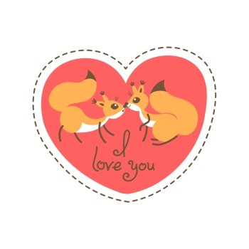 Card Happy Valentines Day. Valentine heart shaped with couple squirrels, kiss and declaration of love. Vector illustration. Card Happy Valentines Day. Valentine heart shaped with couple squirrels, kiss and declaration of love. Vector illustration grouped and layered for easy editing
