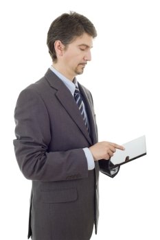 businessman thinking with a tablet pc, isolated