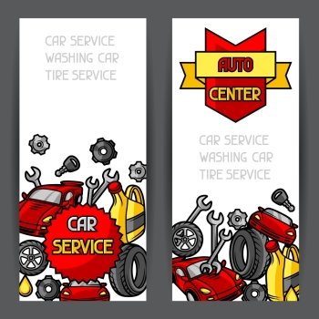 Car repair banners design with service objects and items. Car repair banners design with service objects and items.
