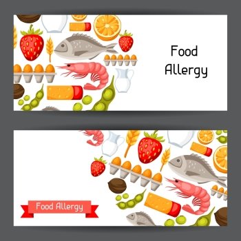 Food allergy banners with allergens and symbols. Vector illustration for medical websites advertising medications. Food allergy banners with allergens and symbols. Vector illustration for medical websites advertising medications.