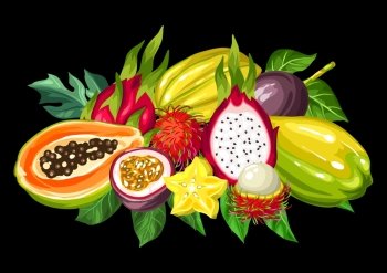 Exotic tropical fruits collection. Illustration of asian plants. Exotic tropical fruits collection. Illustration of asian plants.
