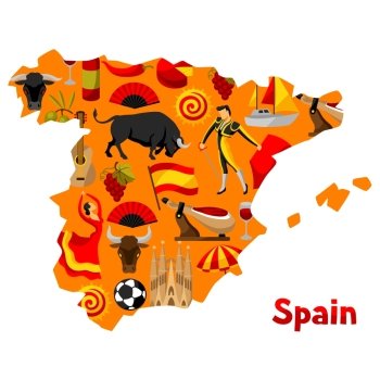 Map of Spain background design. Spanish traditional symbols and objects. Map of Spain background design. Spanish traditional symbols and objects.