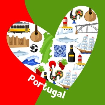 Portugal background design in shape of heart. Portuguese national traditional symbols and objects. Portugal background design in shape of heart. Portuguese national traditional symbols and objects.