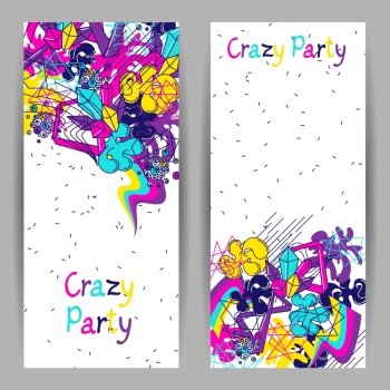 Trendy colorful banners crazy party. Abstract modern color elements in graffiti style. Trendy colorful banners crazy party. Abstract modern color elements in graffiti style.