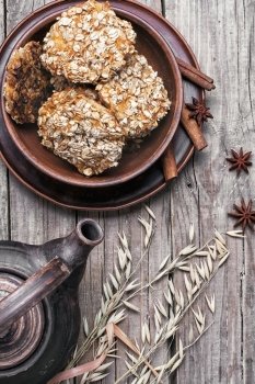 oatmeal cookies on clay dish of homemade bakery