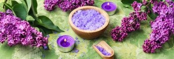 Spa salt with aroma of lilac. marine bath salt with the aroma of fresh blooming lilacs