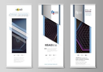 Set of roll up banner stands, flat design templates, abstract geometric style, modern business concept, corporate vertical vector flyers, flag layouts. Abstract polygonal background with hexagons, illusion of depth and perspective. Black color geometric design, hexagonal geometry.