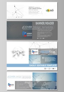Social media and email headers set, modern banners. Abstract design template, vector layouts in popular sizes. Geometric blue background, molecule structure, science concept. Connected lines and dots.. Social media and email headers set, modern banners. Business templates. Easy editable abstract design template, vector layouts in popular sizes. Geometric blue color background, molecule structure, science concept. Connected lines and dots.