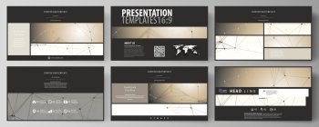 Business templates in HD format for presentation slides. Abstract vector layouts in flat design. Technology, science, medical concept. Golden dots and lines, cybernetic digital style. Lines plexus.. Business templates in HD format for presentation slides. Easy editable abstract vector layouts in flat design. Technology, science, medical concept. Golden dots and lines, cybernetic digital style. Lines plexus.
