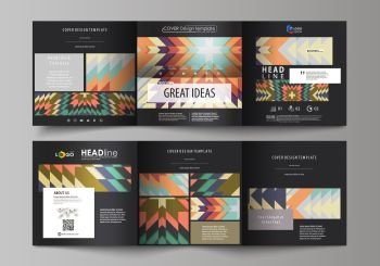 Set of business templates for tri fold square design brochures. Leaflet cover, abstract vector layout. Tribal pattern, geometrical ornament in ethno syle, ethnic backdrop, vintage fashion background.. Set of business templates for tri fold square design brochures. Leaflet cover, abstract flat layout, easy editable vector. Tribal pattern, geometrical ornament in ethno syle, ethnic hipster backdrop, vintage fashion background.