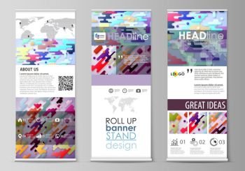 Roll up banner stands, flat design templates, abstract style, corporate vertical vector flyers, flag layouts. Bright color colorful minimalist backdrop with geometric shapes, minimalistic background.. Set of roll up banner stands, flat design templates, abstract geometric style, modern business concept, corporate vertical vector flyers, flag layouts. Bright color lines and dots, colorful minimalist backdrop with geometric shapes forming beautiful minimalistic background.