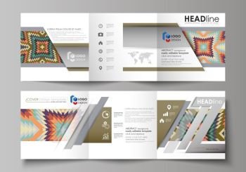 Set of business templates for tri fold square design brochures. Leaflet cover, abstract vector layout. Tribal pattern, geometrical ornament in ethno syle, ethnic backdrop, vintage fashion background.. Set of business templates for tri fold square design brochures. Leaflet cover, abstract flat layout, easy editable vector. Tribal pattern, geometrical ornament in ethno syle, ethnic hipster backdrop, vintage fashion background.