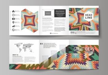 Tribal pattern, geometrical ornament in ethno syle, ethnic backdrop, vintage fashion background. Set of business templates for tri fold square design brochures. Leaflet cover, abstract vector layout.. Set of business templates for tri fold square design brochures. Leaflet cover, abstract flat layout, easy editable vector. Tribal pattern, geometrical ornament in ethno syle, ethnic hipster backdrop, vintage fashion background.