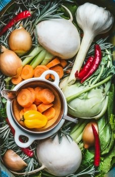 Various organic seasonal regional vegetables ingredients, fresh condiment and root vegetables for Healthy , clean food or vegetarian, vegan cooking and eating concept