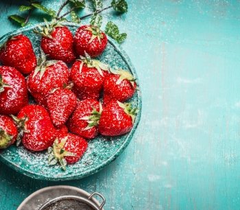 Fresh Strawberries  in blue bowl , top view, place for text