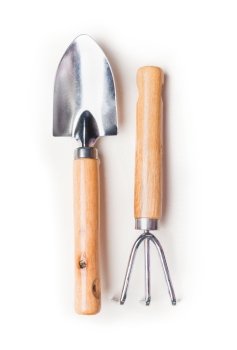 Gardening tools on white background, top view