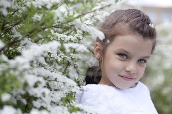 Portrait of beautiful little girl in spring blossom 